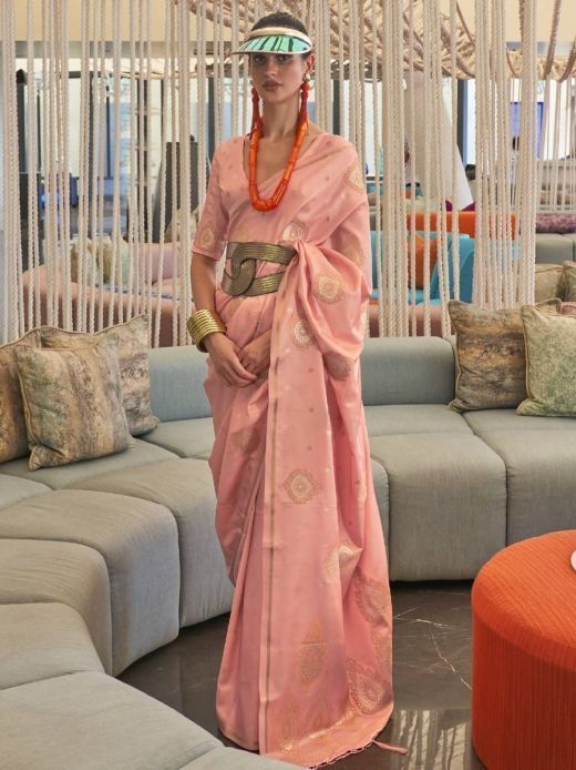 Elegant Peach Zari Embroidery Silk Festival Wear Saree With Blouse