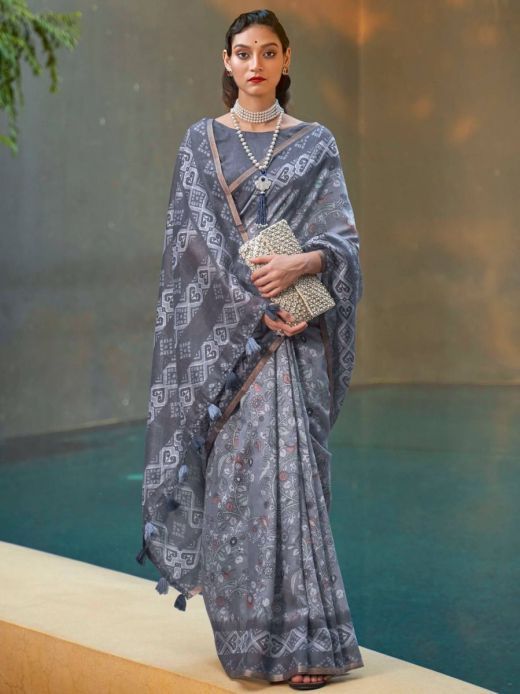 Sumptuous Pigeon Blue Floral Printed Cotton Classy Saree With Blouse