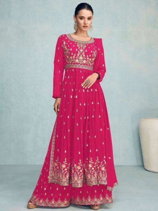 Astonishing Pink Sequins Embroidery Georgette Party Wear Palazzo Suit