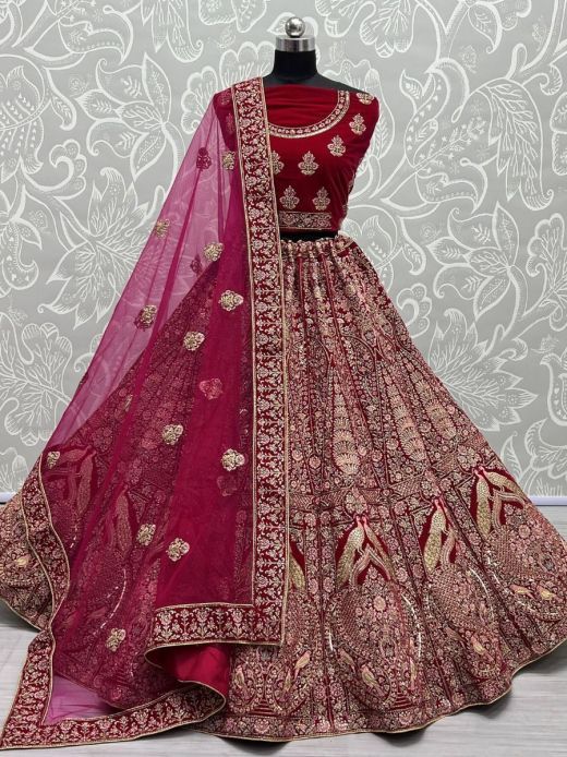  Fascinating Rani Pink Dori Embroidery Velvet Bridal Wear Lehenga Choli