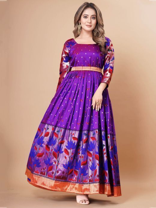 Bewitching Purple Zari Weaving Banarasi Silk Function Wear Gown