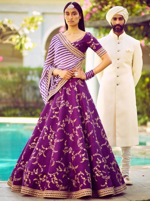 Purple Embroidery Mulberry Silk Wedding Lehenga Choli