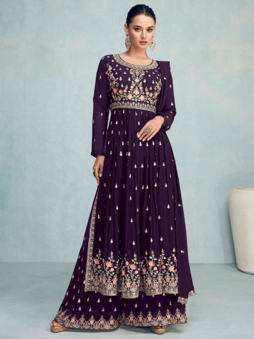 Fabulous Wine Floral Embroidered Georgette Marriage Wear Palazzo Suit