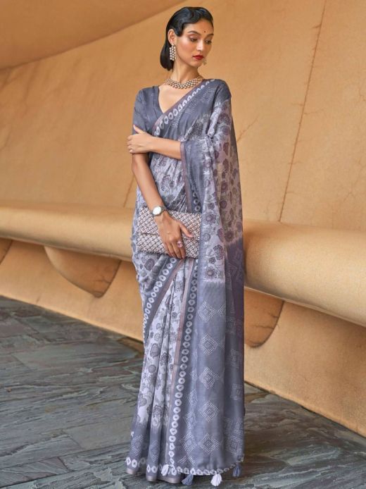 Wonderful Powder Blue Printed Cotton Contemporary Saree With Blouse