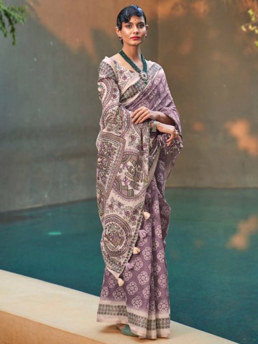 Beauteous Purple Printed Cotton Contemporary Saree With Blouse