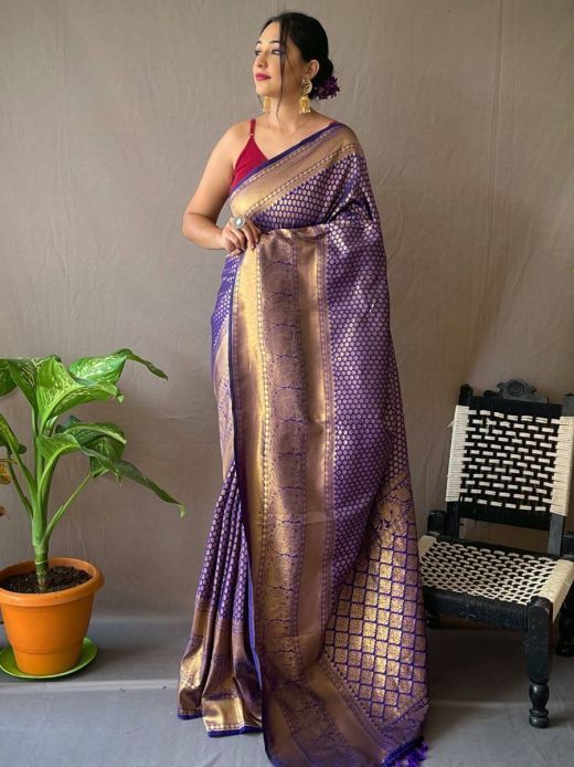 Impressive Purple Jacquard Kanjeevaram Silk Festive Saree With Blouse