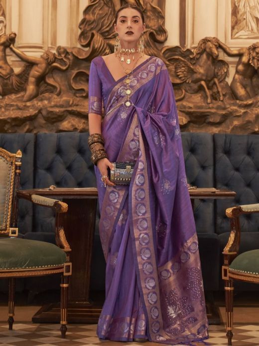 Dazzling Purple Zari Work Tussar Silk Festival Wear Saree With Blouse