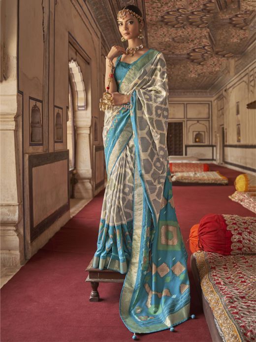 Off-White & Blue Patola Printed Silk Saree With Diamond Work Blouse