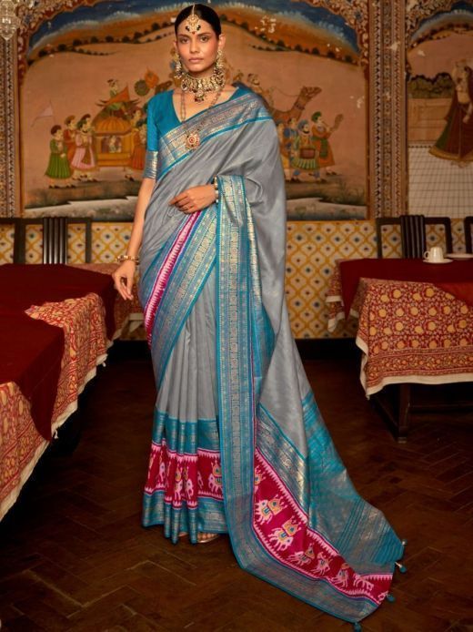 Spectacular Grey Digital Printed Patola Silk Event Wear Saree
