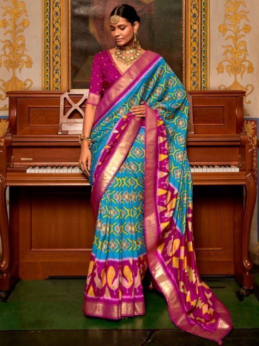 Exquisite Sky-Blue Patola Printed Silk Saree With Blouse