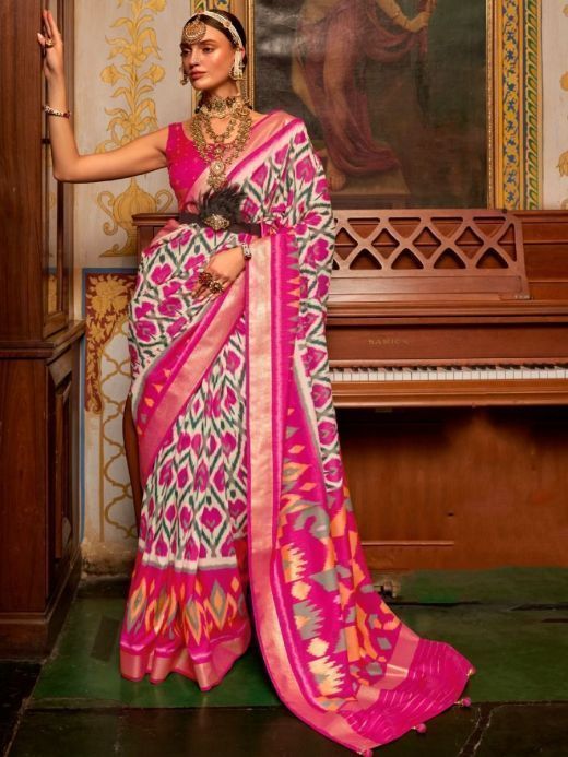 Bewitching White-Pink Patola Printed Silk Saree With Blouse 