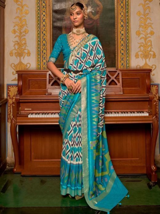 Mesmerizing Sky-Blue Patola Printed Silk Saree With Blouse