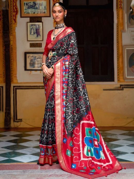 Attractive Black-Red Patola Printed Silk Saree With Blouse