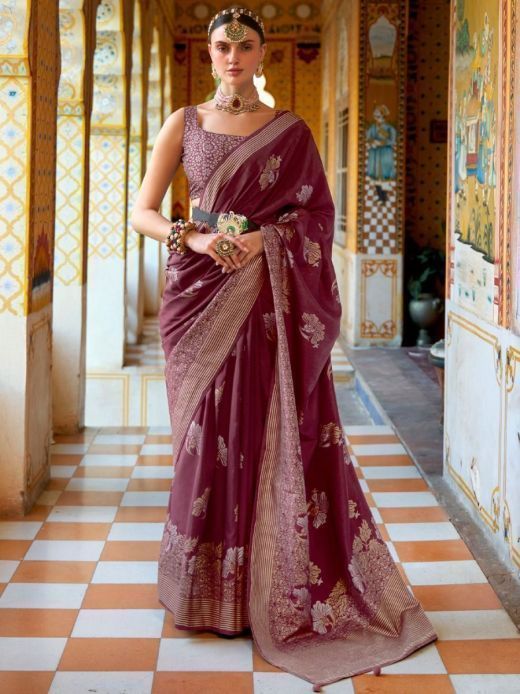 Astonishing Wine Foil Printed Silk Festival Wear Saree With Blouse