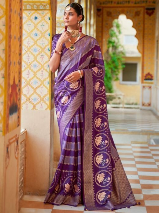 Astonishing Purple Foil Printed Festival Wear Silk Saree With Blouse