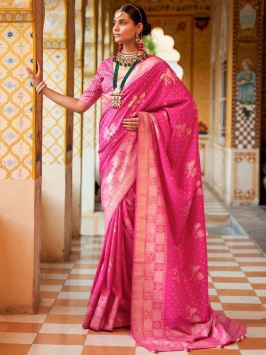Delightful Pink Foil Printed Silk Traditional Saree With Blouse