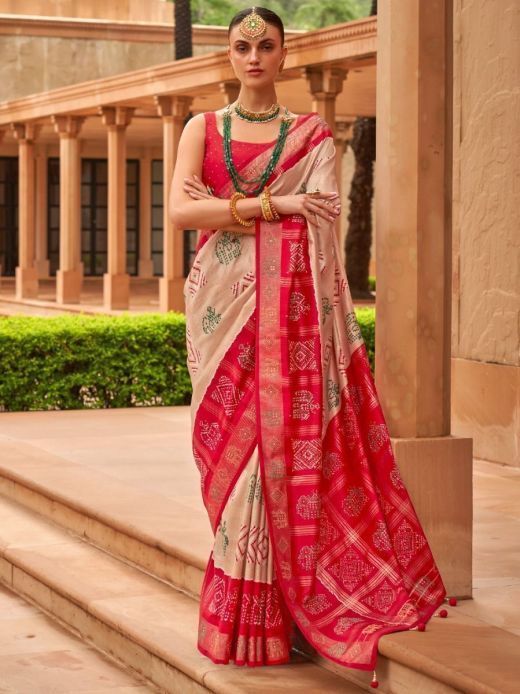 Remarkable Beige Digital Printed Patola Silk Saree With Blouse