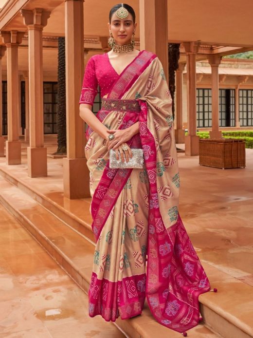 Magnificent Beige And Pink Digital Printed Patola Silk Saree