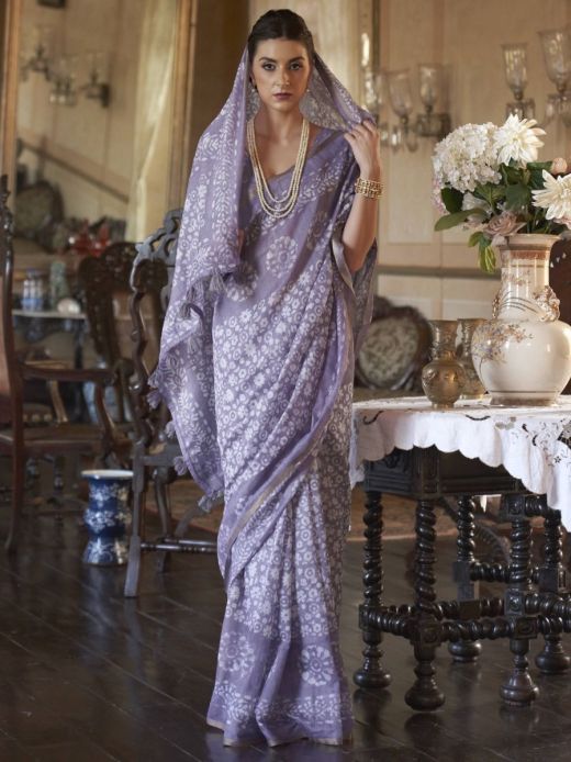 Splendid Purple Batik Printed Cotton Classic Saree With Blouse