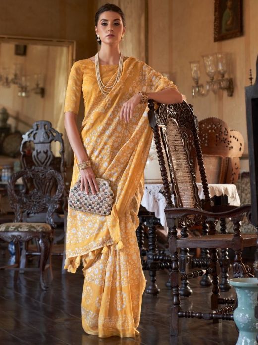 Fabulous Yellow Batik Printed Cotton Classic Saree With Blouse