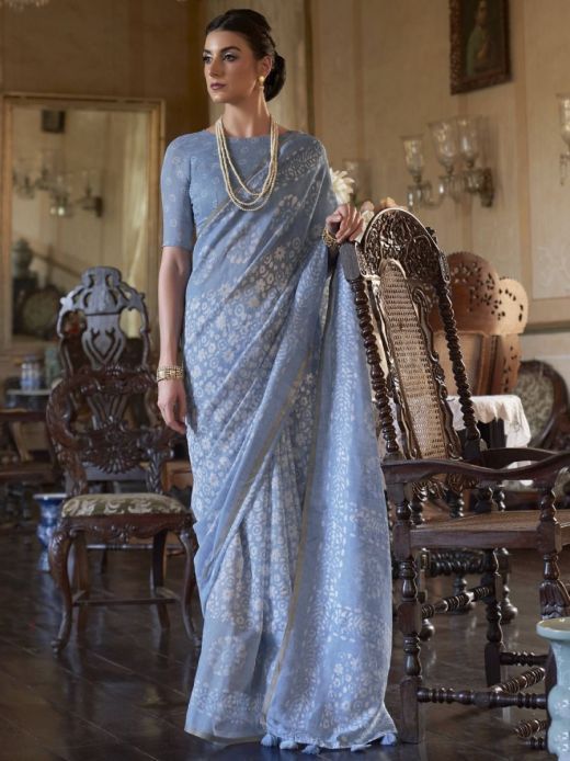 Ravishing Blue Batik Printed Cotton Classic Saree With Blouse