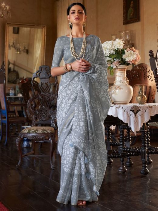 Beauteous Grey Batik Printed Cotton Classic Saree With Blouse