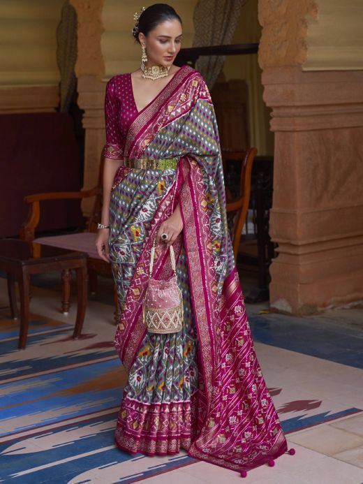 Outstanding Pink-Blue Woven Patola Silk Wedding Wear Saree 
