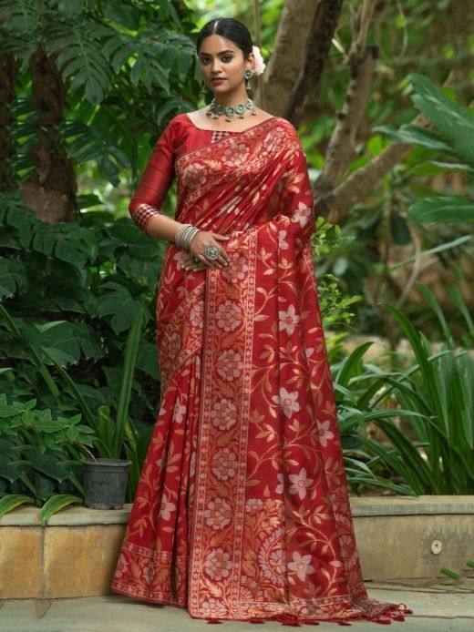 Splendid Red Jamdani Woven Tussar Silk Party Wear Saree with Blouse