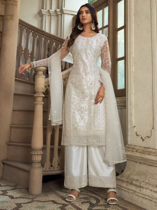 Impulsive White Thread Embroidered Butterfly Net Palazzo Suit