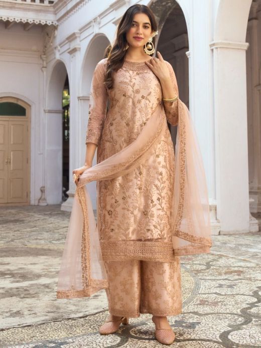 Gorgeous Beige Embroidered Butterfly Net Palazzo Suit