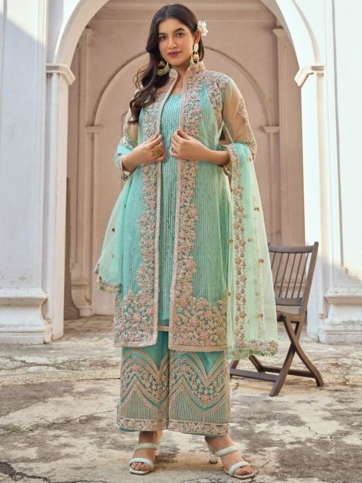 Ravishing Sea Green Embroidered Butterfly Net Jacket Style Palazzo Suit