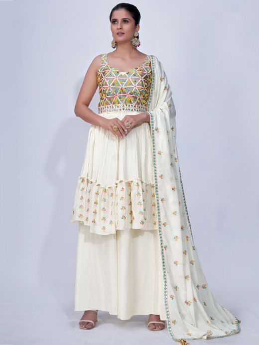 Adorable White Thread Embroidery Chiffon Ready-Made Palazzo Suit
