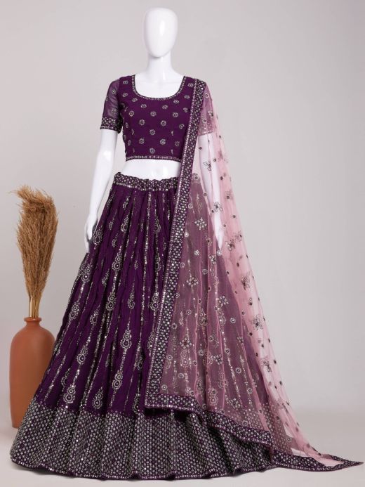 Fascinating Purple Sequins Georgette Reception Wear Lehenga Choli 