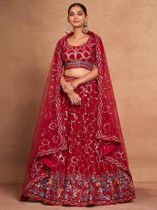 Bewitching Red Sequins Georgette Wedding Wear Lehenga Choli 