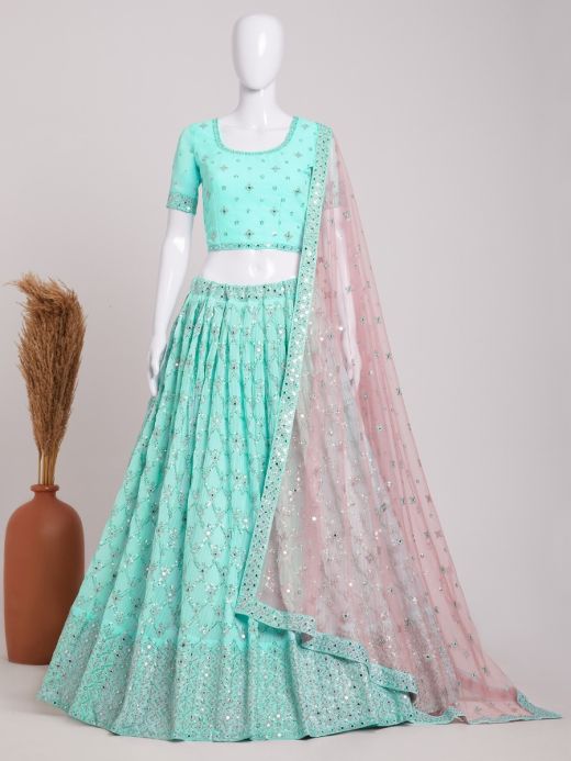 Gorgeous Turquoise Sequins Georgette Sangeet Wear Lehenga Choli 