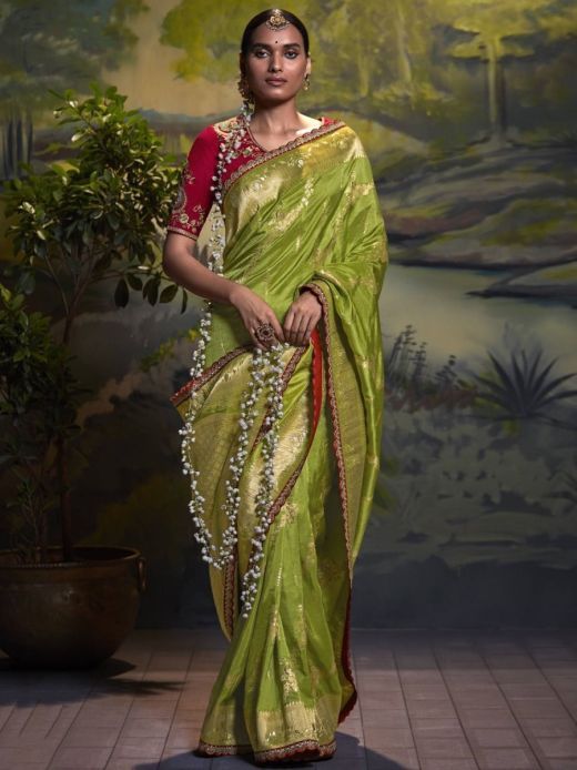 Awesome Green Zari Weaving Silk Wedding Wear Saree With Blouse