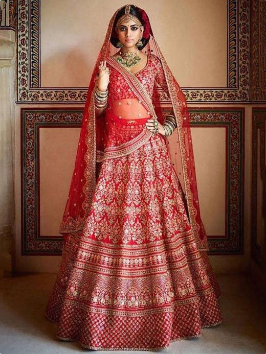 Deep Red Raw Silk Lehenga with Gold Choli and Tulle Dupatta – Nitika Gujral