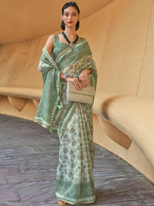 Astonishing Sage Green Printed Cotton Contemporary Saree With Blouse