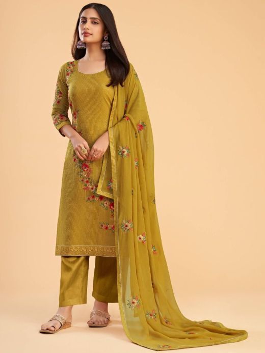 Impressive Yellow Floral Embroidered Georgette Festive Wear Salwar Kameez 