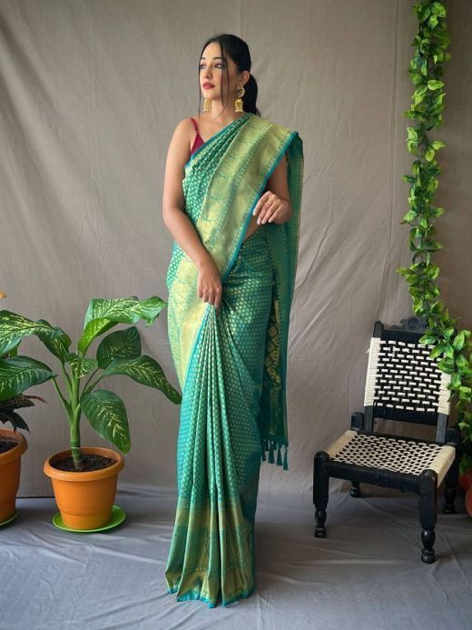 Superb Sea-Green Jacquard Kanjeevaram Silk Wedding Saree With Blouse
