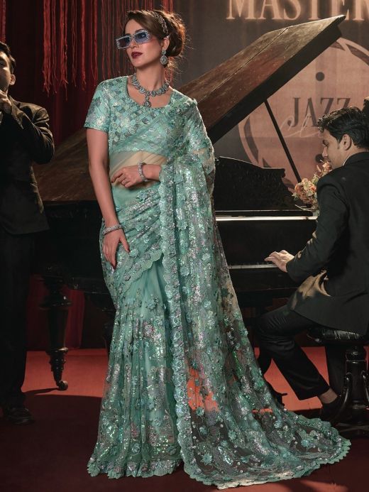 Beautiful Sea Green Sequins Net Wedding Wear Saree With Blouse