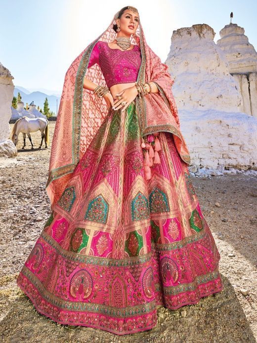 Glamorous Pink Thread Work Silk Bridesmaid Lehenga Choli With Dupatta 