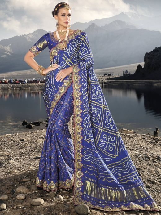 Bewitching Blue Bandhani Printed Satin Festival Wear Saree With Blouse