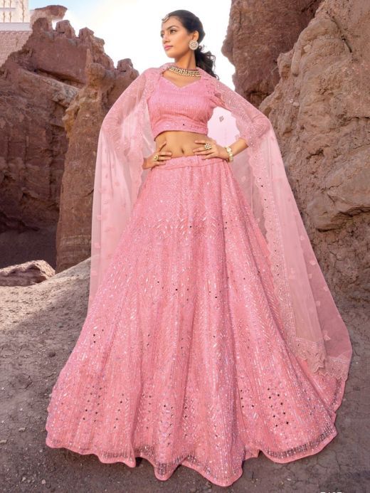 Mesmerizing Light Pink Sequins Net Bridesmaid Lehenga Choli