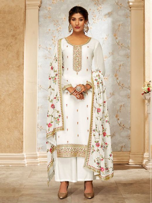 Gorgeous White Embroidered Georgette Traditional Palazzo Suit