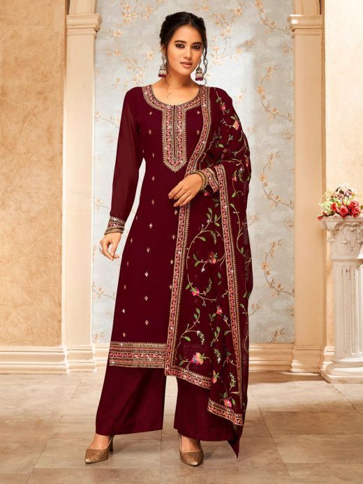 Stunning Maroon Embroidered Georgette Function Wear Palazzo Suit