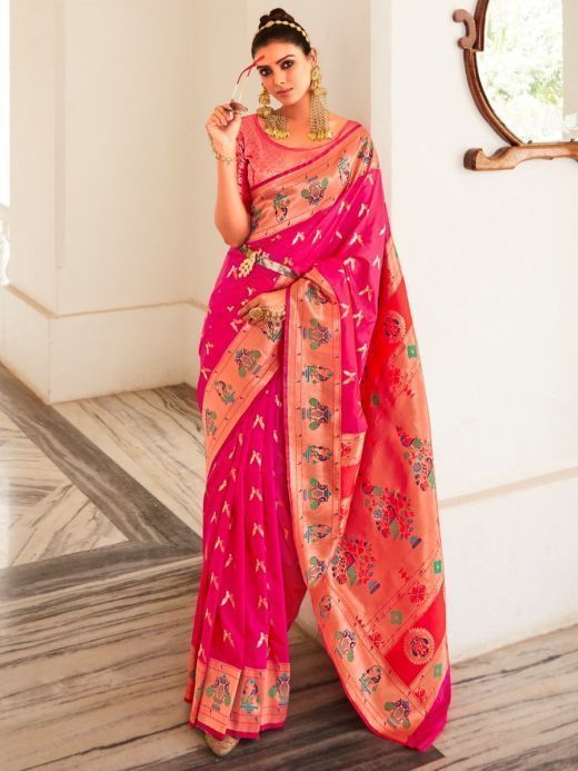 Glamorous Pink Zari Woven Silk Function Wear Saree With Blouse