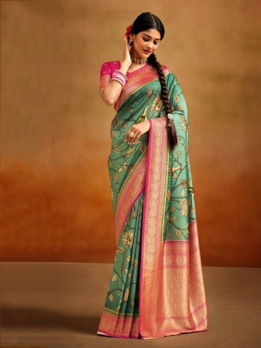 Amazing Green Kalamkari Printed Banarasi Silk Traditional Saree