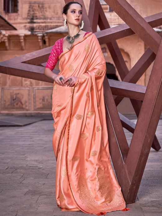 Beautiful Peach Zari Woven Satin Function Wear Saree With Blouse 