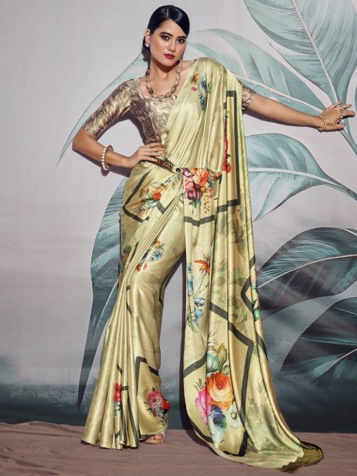 Alluring Pastel Yellow Floral Printed Satin Party Wear Saree With Blouse